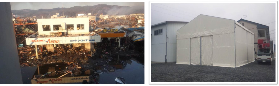  （左）菅野自動車震災直後 （右）お客さまの敷地をお借りして作業場を設置